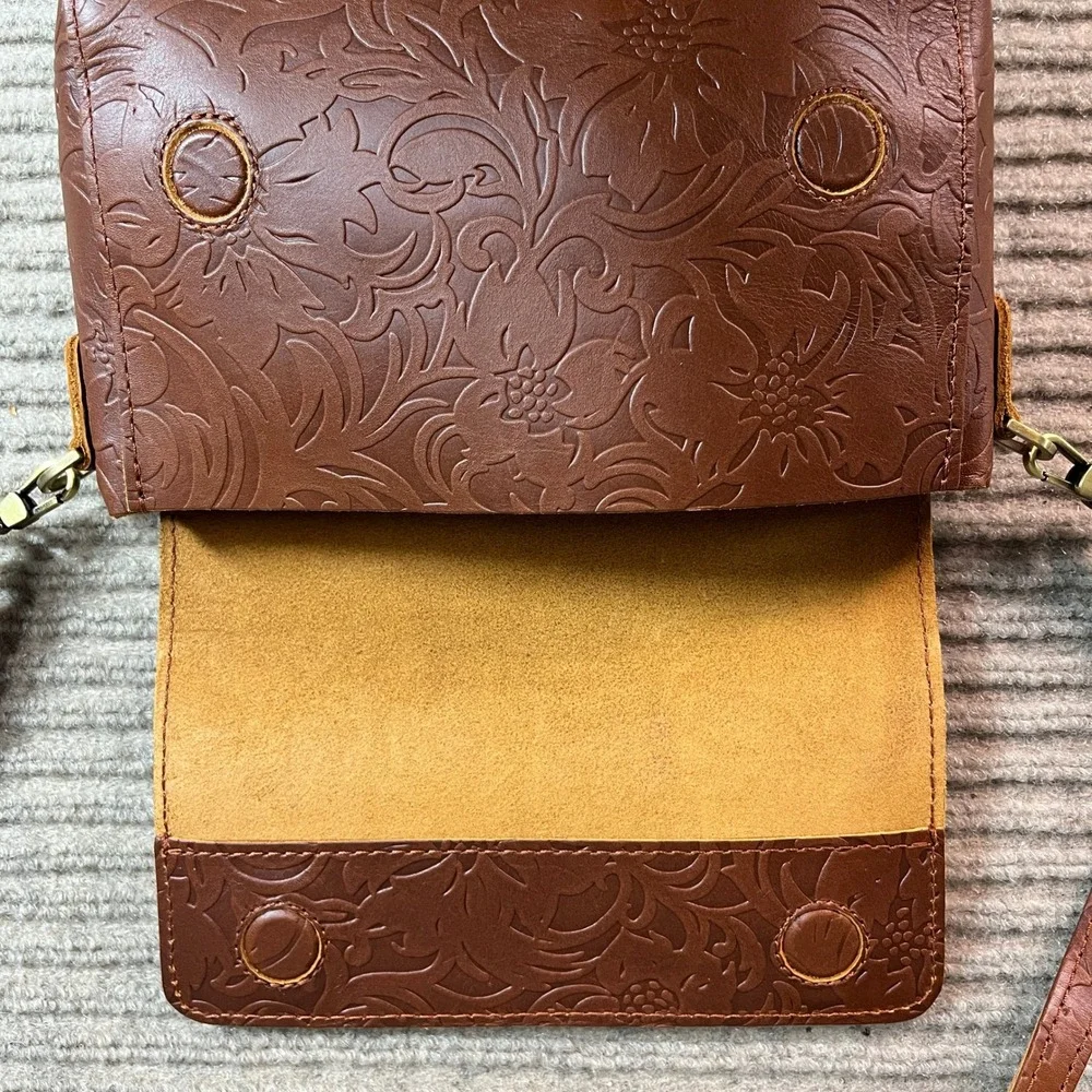 Portland Leather Goods Floral Embossed Leather Crossbody Bag Cognac Brown Small